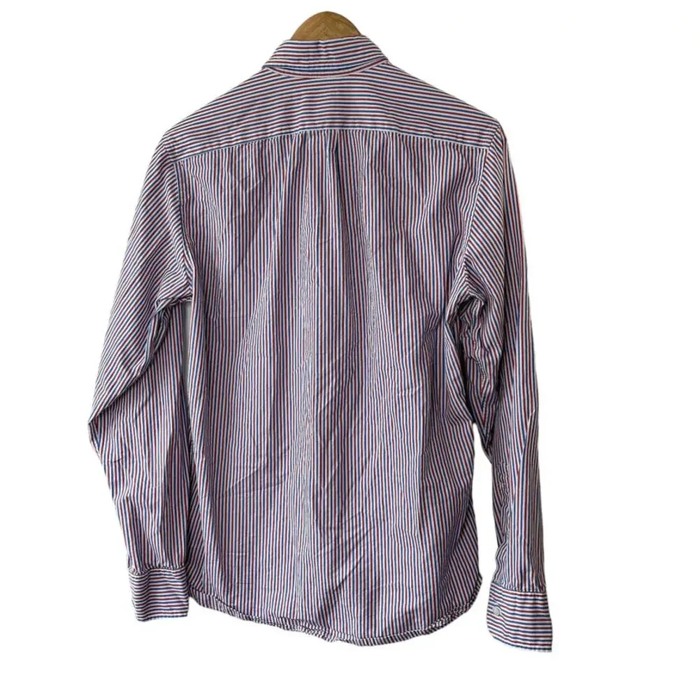 J. Crew Classic Fit Red & Blue Pin-Stripe Long Sleeve Button-Up Shirt Mens Small